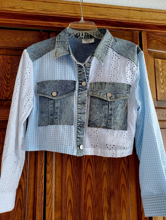 Jolie & Joy by FCT With Love Jackets & Blazers - Jolie & Joy Mixed Media Cropped Shacket - Light Blue Eyelet & Gingham